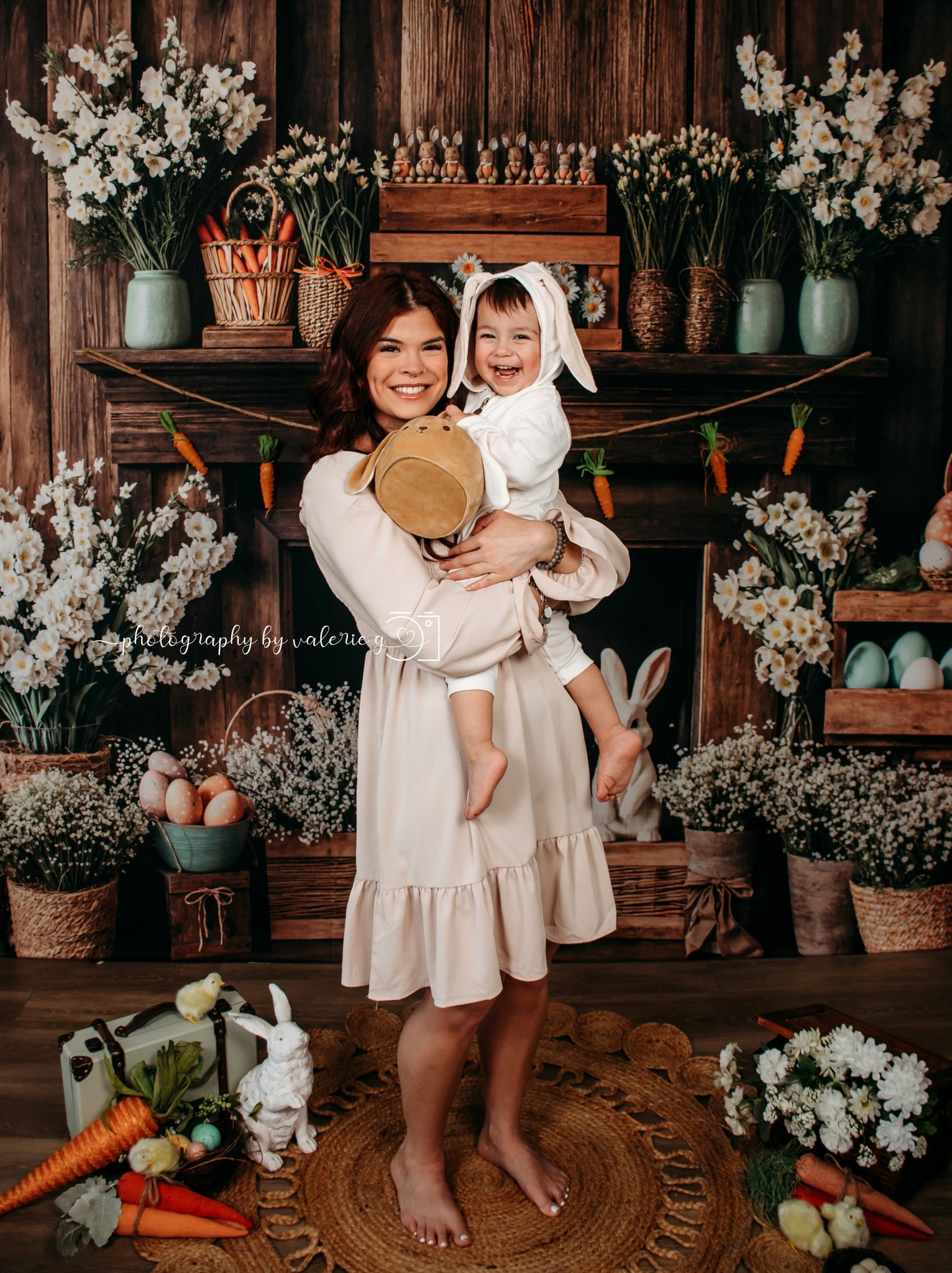 Kate Pâques Cheminée Lapin Rustique Floral Toile de fond conçue par Emetselch - Kate Backdrop FR