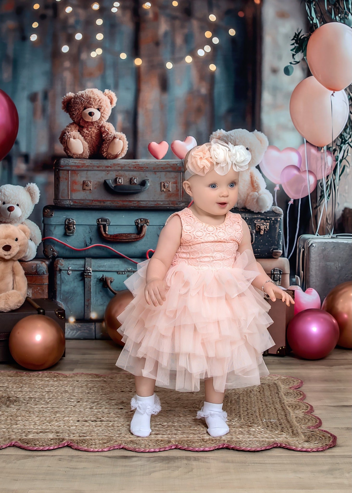 Kate Ours en peluche Valises Ballons Bokeh Toile de fond conçue par Laura Bybee - Kate Backdrop FR