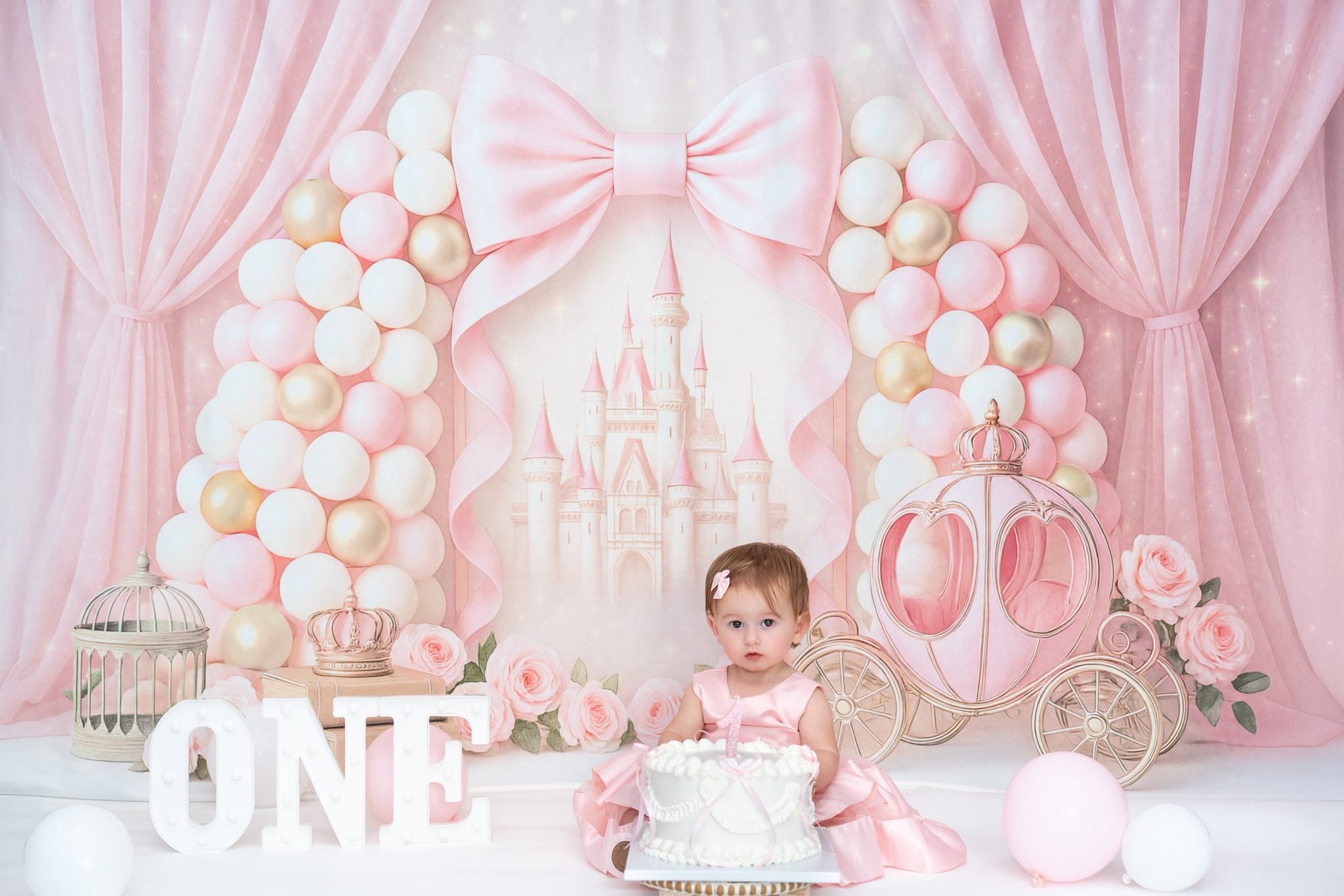 Kate Princesse Château Carrosse Rose Toile de fond conçue par Ashley Paul - Kate Backdrop FR