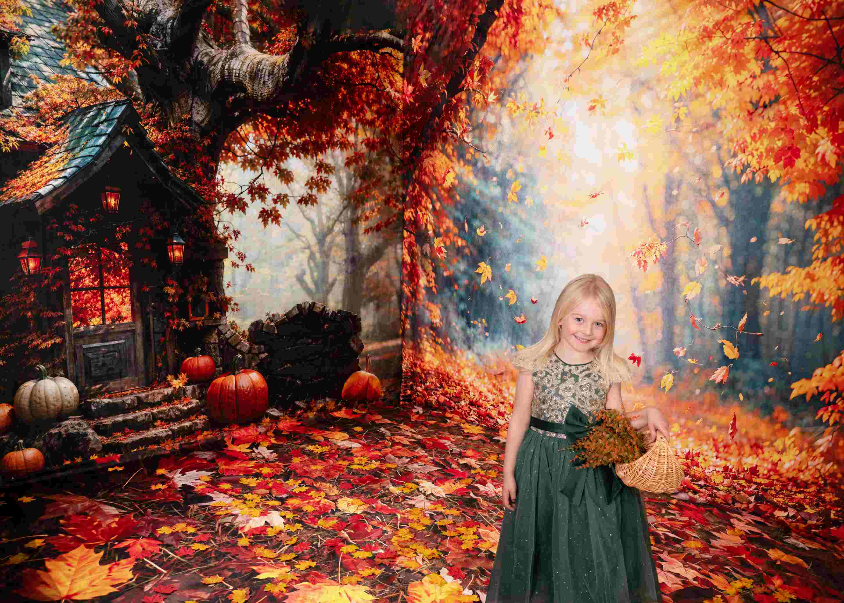 Kate Automne Forêt Feuille d'érable Cabane Ensemble de chambre (8pix8pi&10pix8pi&8pix10pi) - Kate Backdrop FR