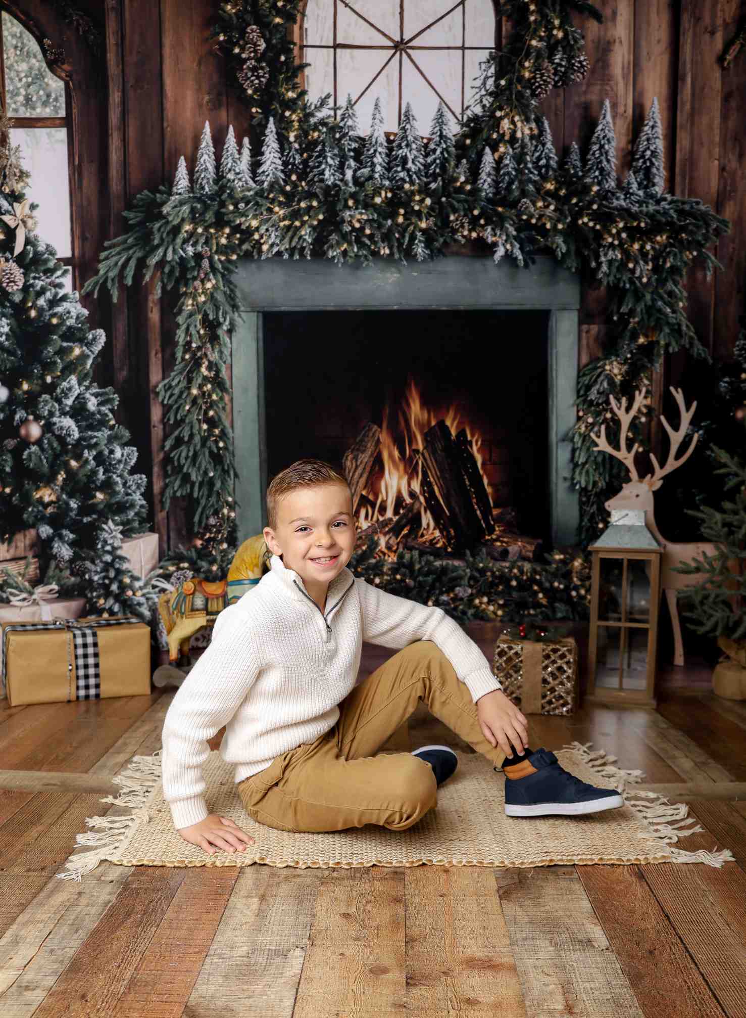 Kate Sapin de Noël Bois Cheminée Cerf Toile de fond conçue par Emetselch - Kate Backdrop FR