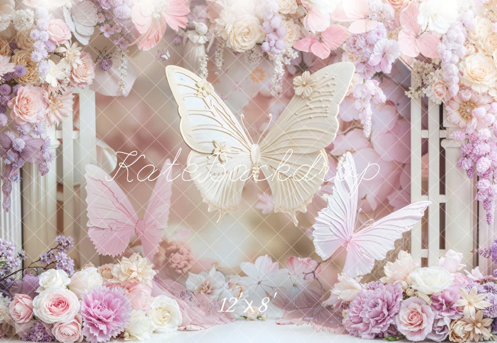 Kate Anniversaire Papillons Fleurs Pastel Toile de fond en Laine conçue par Emetselch - Kate Backdrop FR