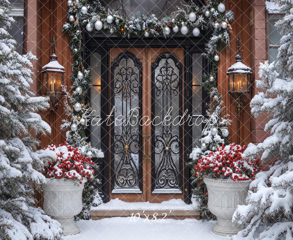 Kate Noël Porte Lanternes Sapins Neige Toile de fond conçue par Emetselch - Kate Backdrop FR