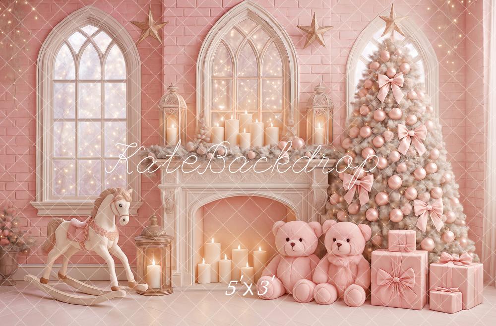 Kate Sapin de Noël Rose Cadeaux Cheminée Toile de fond conçue par Ashley Paul - Kate Backdrop FR