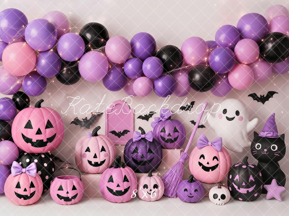 Kate Halloween Citrouilles Ballons Violet Toile de fond conçue par Ashley Paul - Kate Backdrop FR