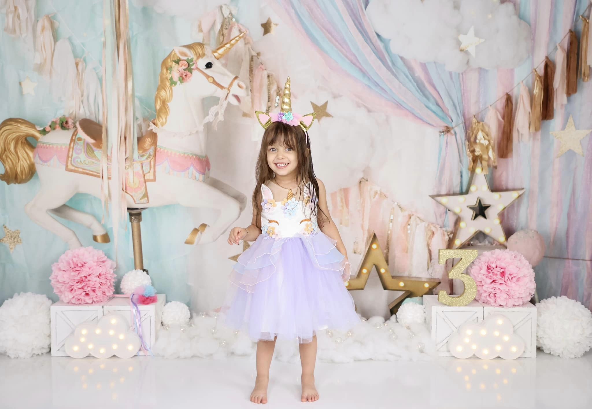 Kate Anniversaire Rêves Carrousel Licorne Toile de fond conçue par Mandy Ringe - Kate Backdrop FR