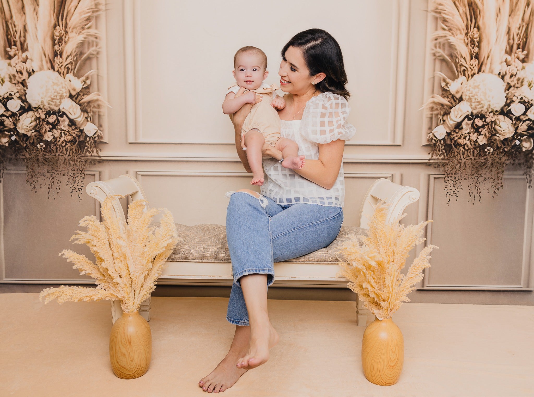 Kate Crème Bohème Mur Fleurs séchées Toile de fond conçue par Mini MakeBelieve - Kate Backdrop FR