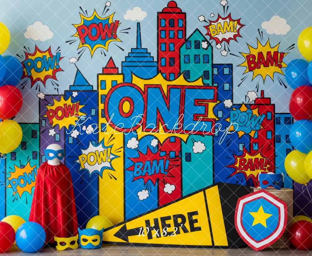 Kate Super Héros Ville Anniversaire Ballons Toile de fond conçue par Patty Roberts - Kate Backdrop FR