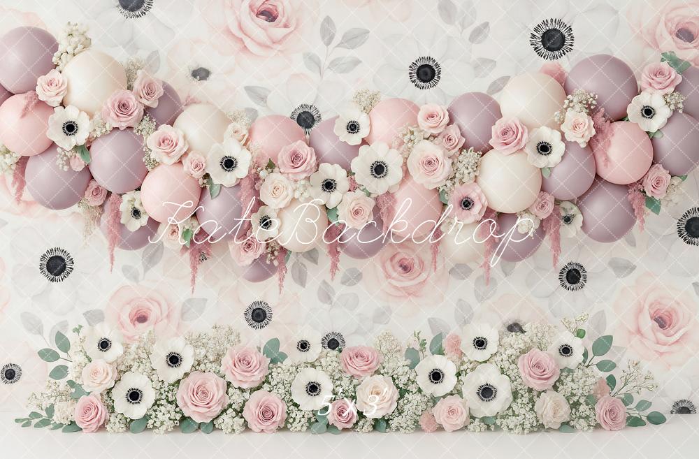 Kate Ballons Roses Fleurs Anniversaire Toile de fond conçue par Ashley Paul - Kate Backdrop FR