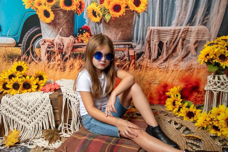 Kate Automne Tournesol Autobus blanc bleu Toile de fond pour la photographie - Kate Backdrop FR