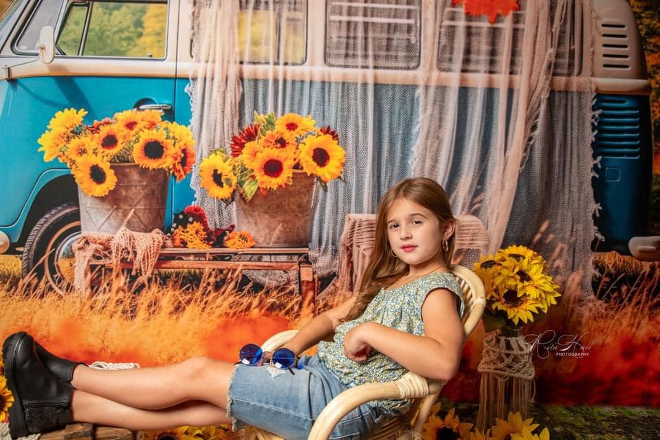 Kate Automne Tournesol Autobus blanc bleu Toile de fond pour la photographie - Kate Backdrop FR