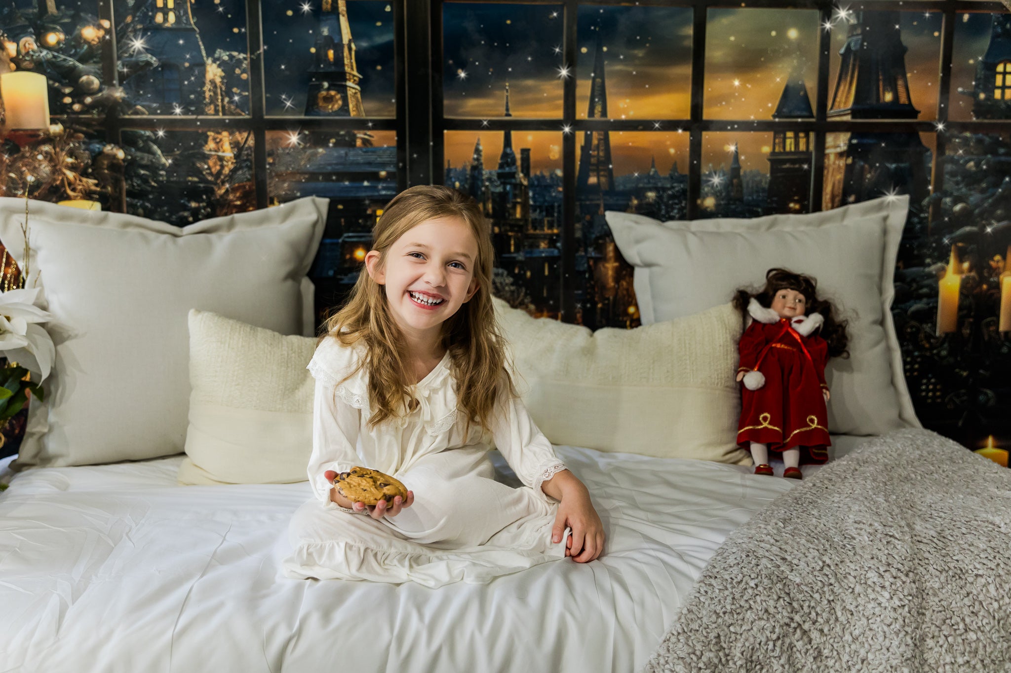 Kate Fenêtre Ville Bougies Nuit Neige Toile de fond conçu par Emetselch - Kate Backdrop FR