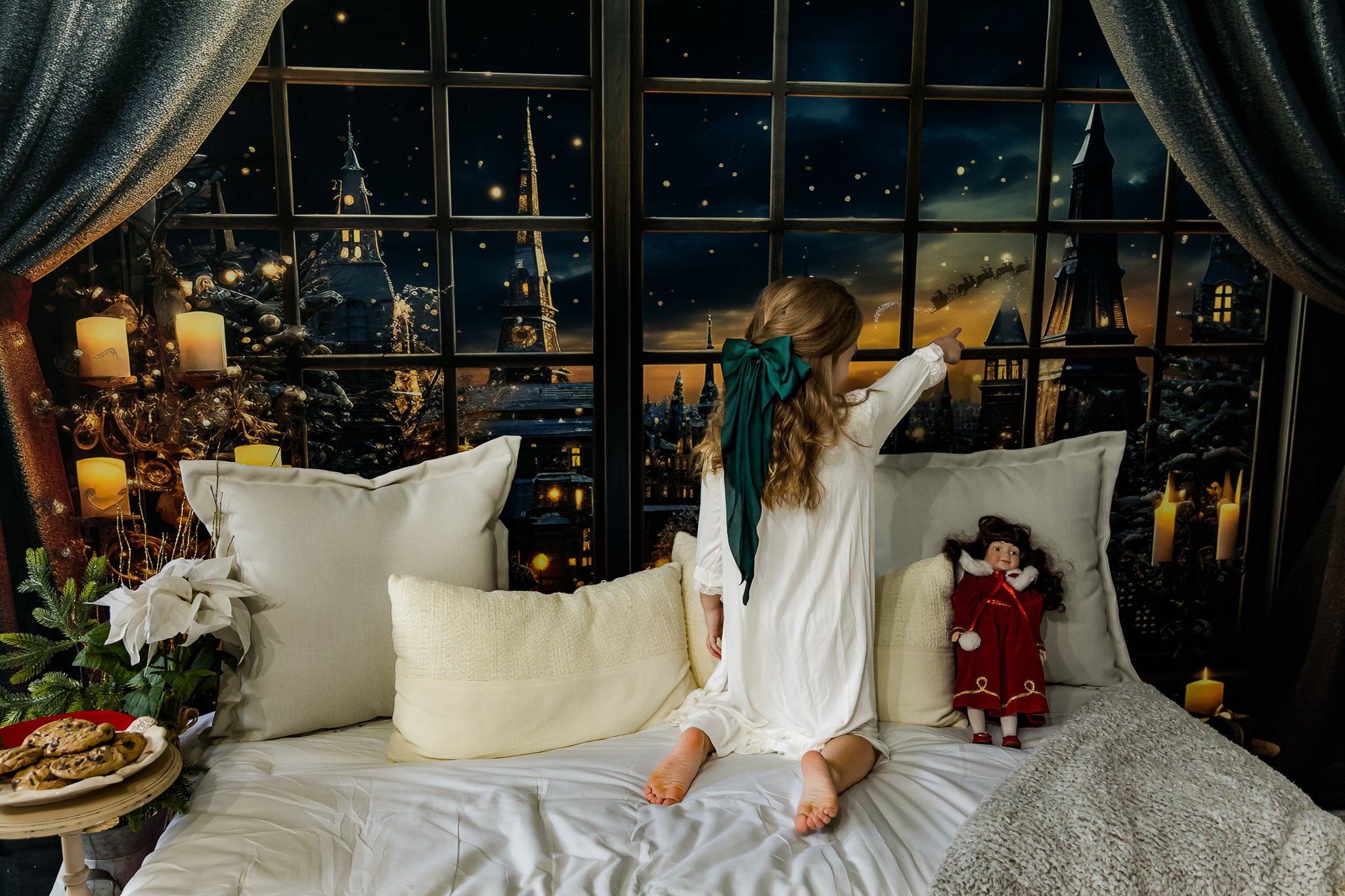 Kate Fenêtre Ville Bougies Nuit Neige Toile de fond conçu par Emetselch - Kate Backdrop FR