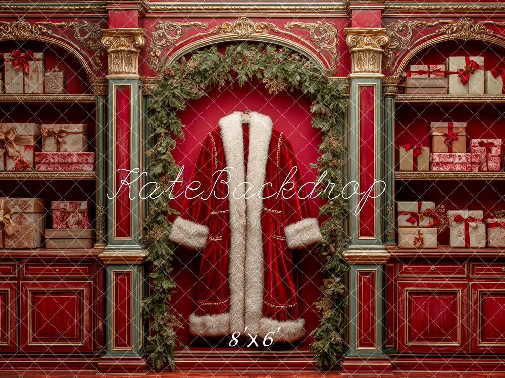 Kate Père Noël Veste Rouge Cadeaux Toile de fond conçue par Patty Roberts - Kate Backdrop FR