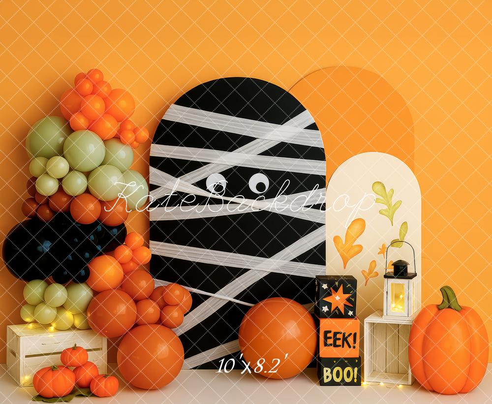 Kate Halloween Momie Citrouilles Ballons Orange Toile de fond conçue par Patty Roberts - Kate Backdrop FR