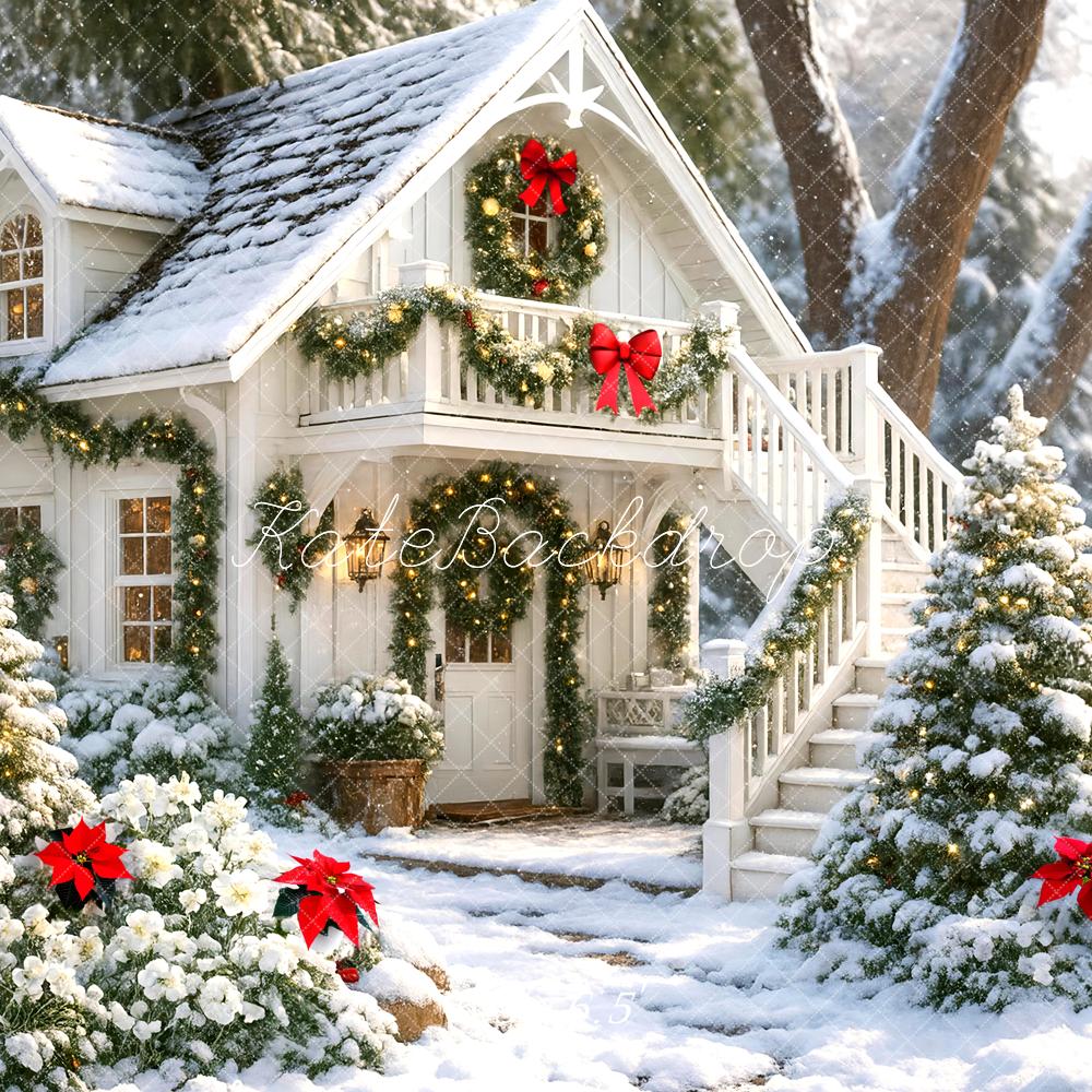 Kate Noël Maison Hiver Neige Arbres Toile de fond conçue par Mini MakeBelieve - Kate Backdrop FR