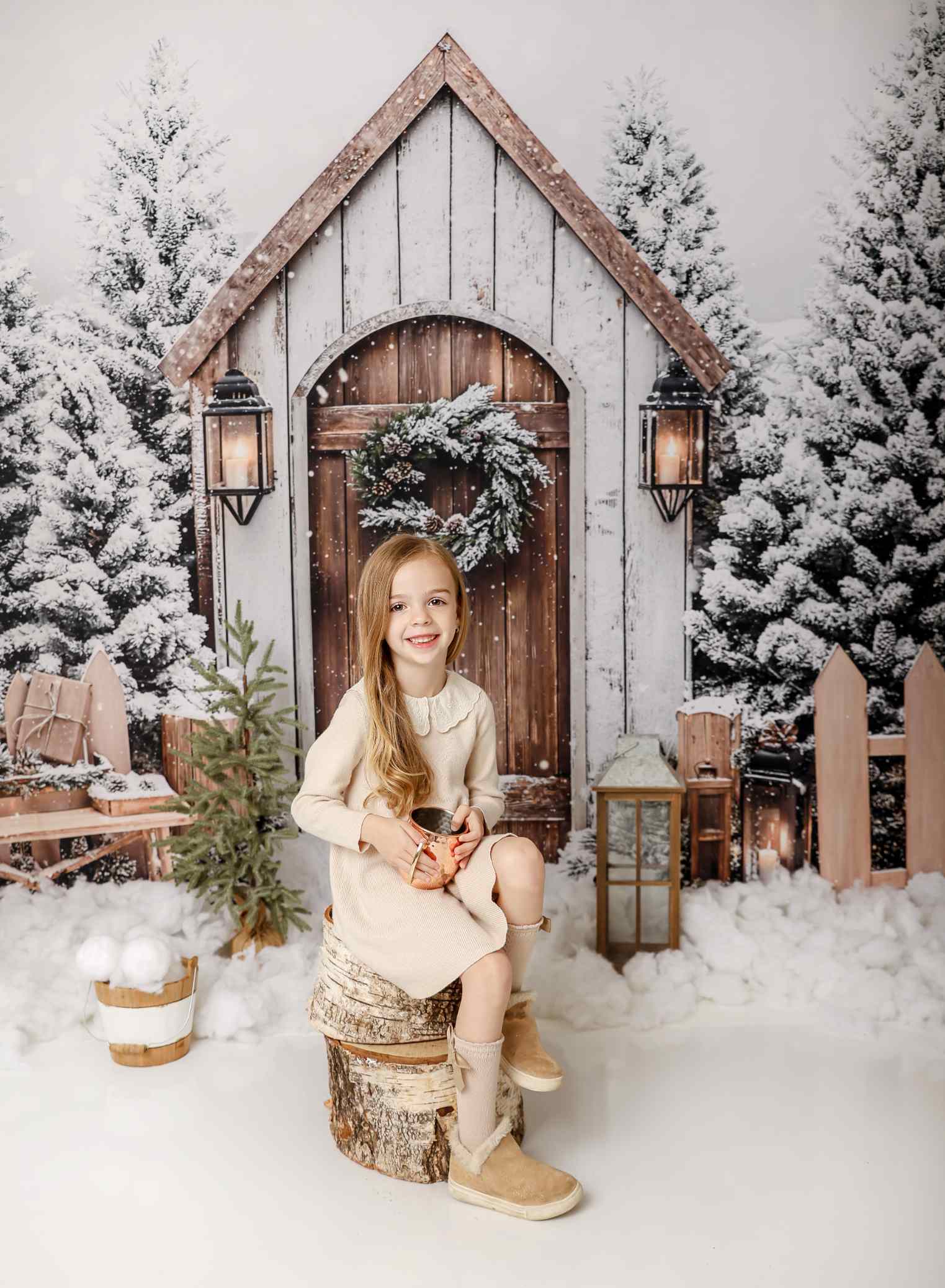 Kate Noël Hiver Maison Neige Clôture Toile de fond conçue par Emetselch - Kate Backdrop FR