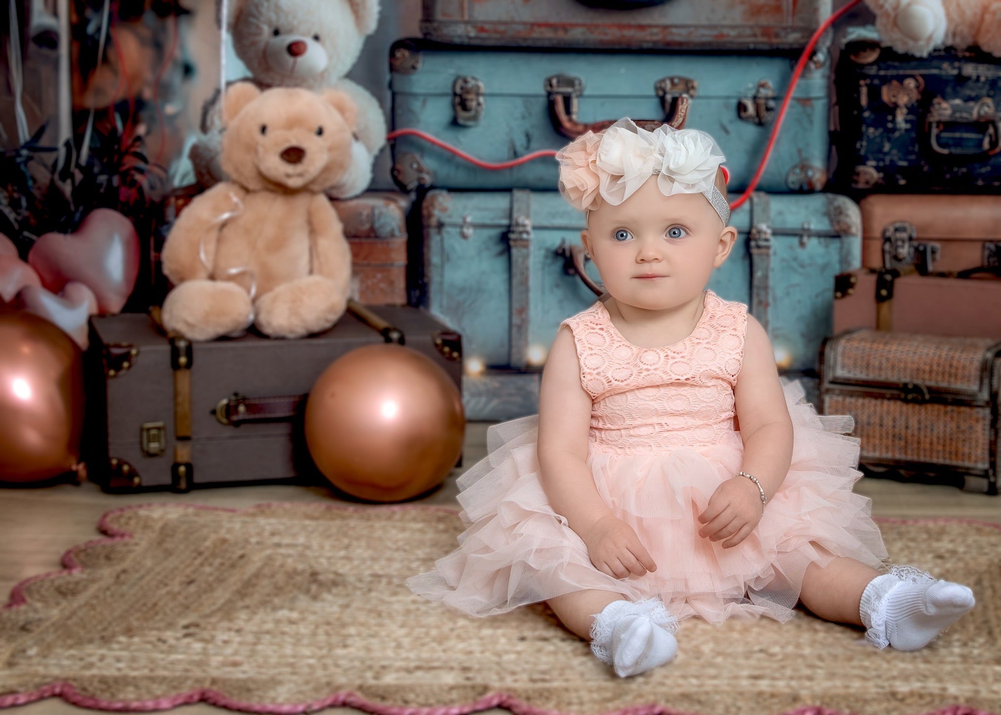 Kate Ours en peluche Valises Ballons Bokeh Toile de fond conçue par Laura Bybee - Kate Backdrop FR