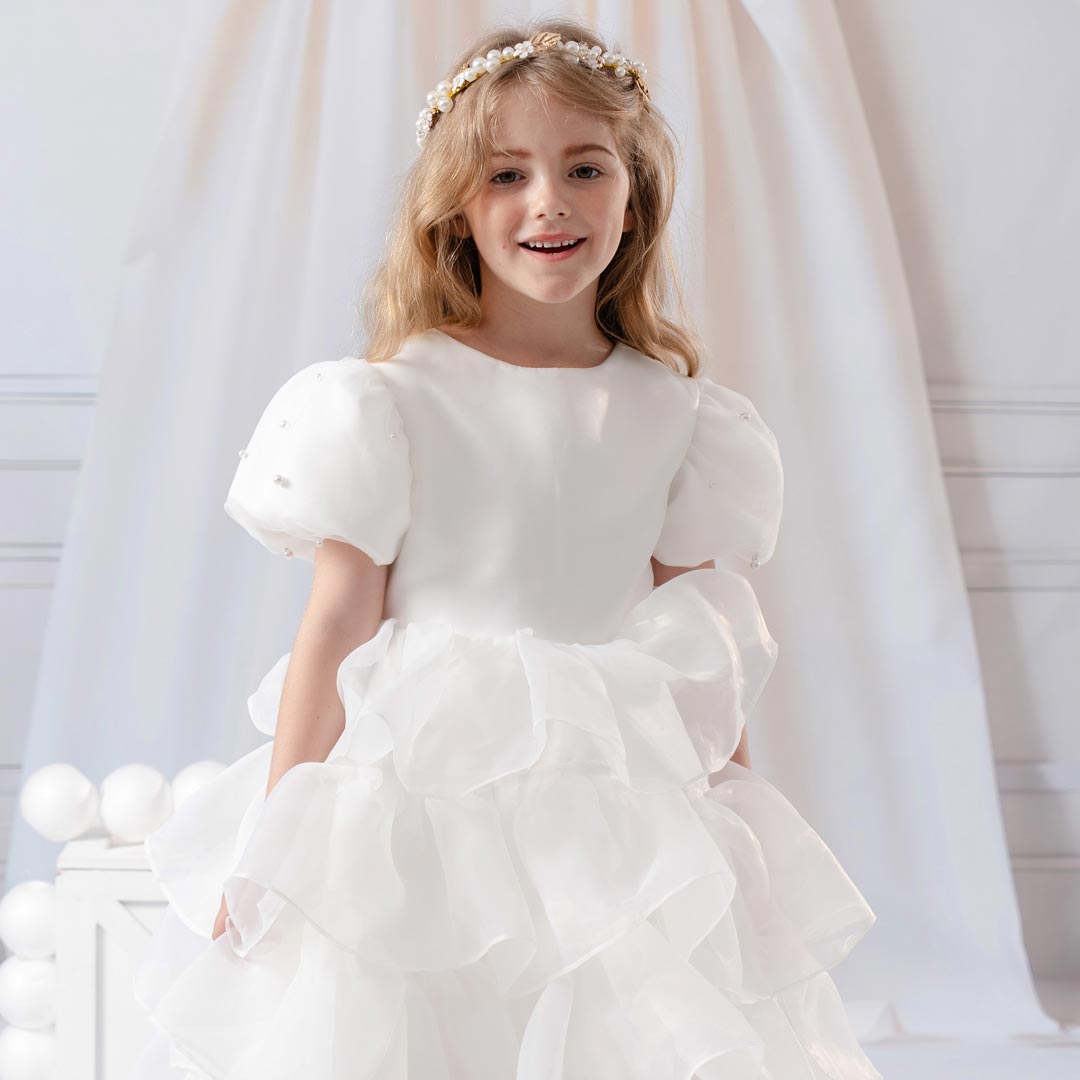 Kate Blanc Maillage Longue Robe pour Enfants avec Serre-tête Perlé - Kate Backdrop FR