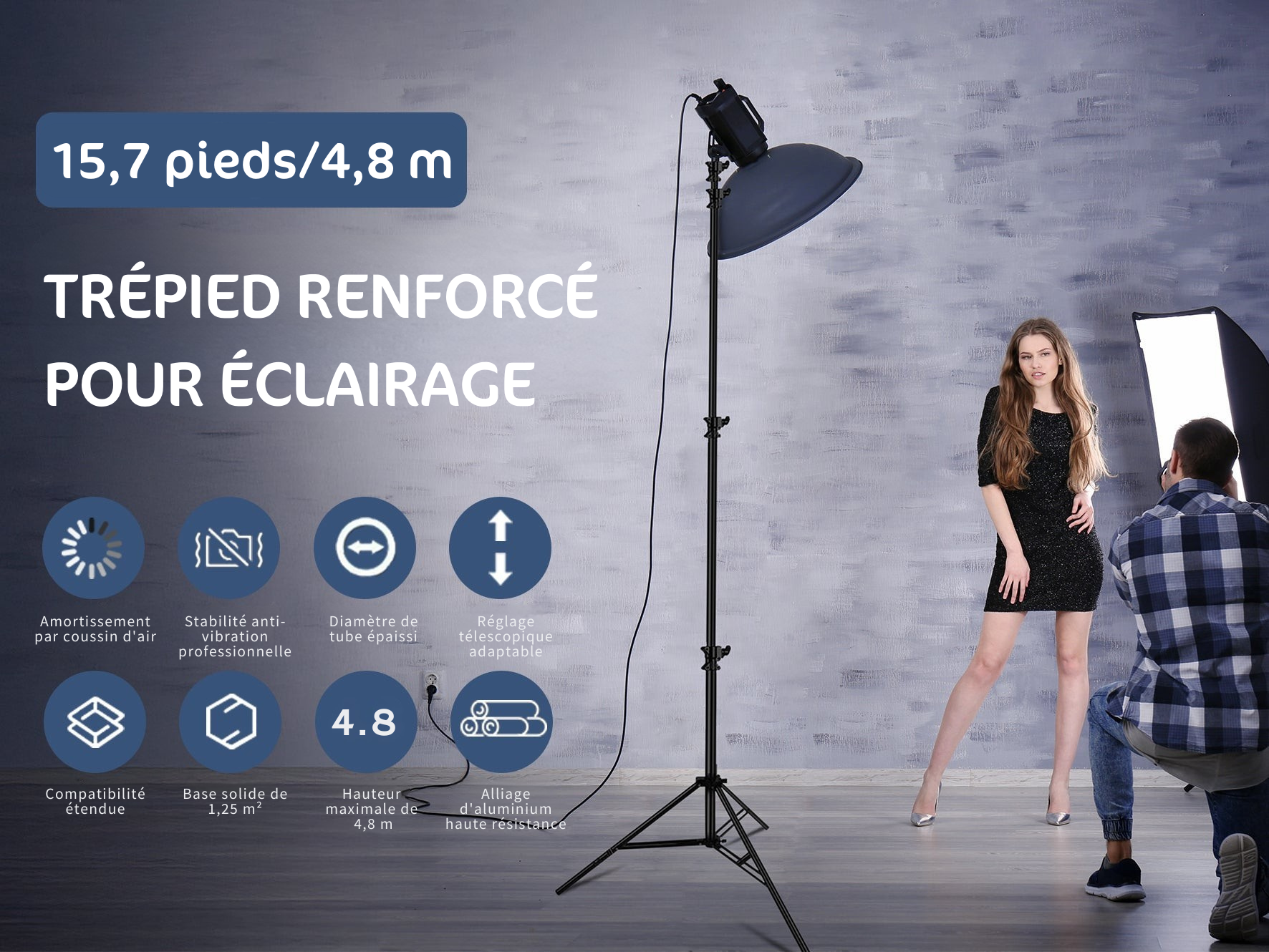 Kate Trépied d'Éclairage Renforcé Professionnel - 4,8m en Alliage d'Aluminium avec Amortissement Air Cushion - Inclut 2 Sacs de Sable & Adaptateurs