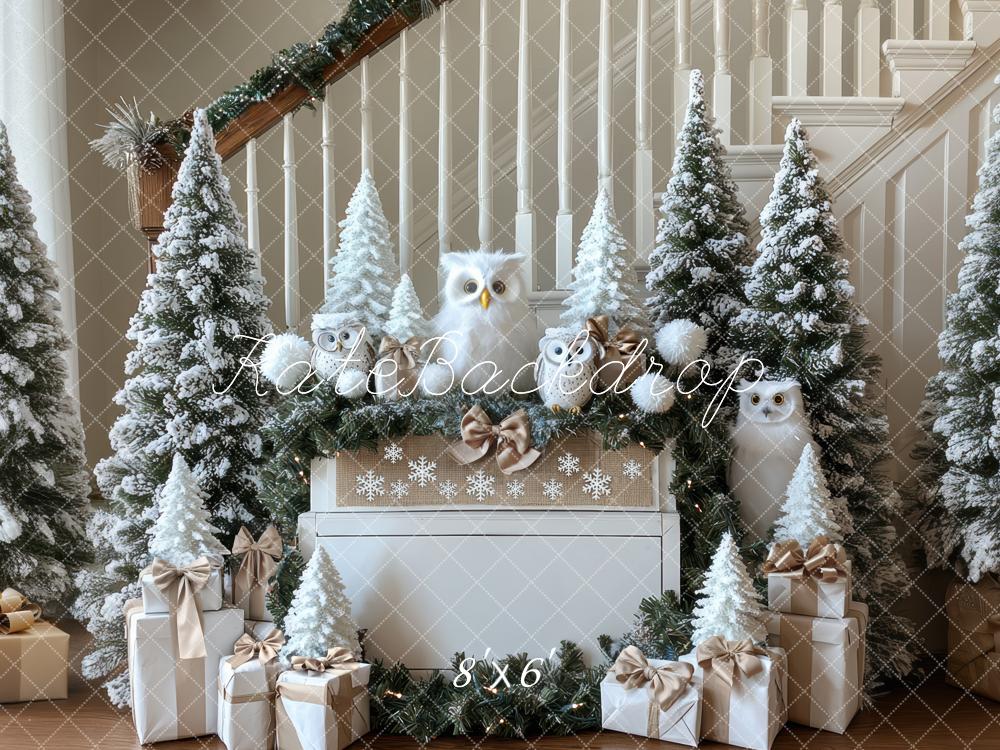 Kate Noël Hiboux Sapins Cadeaux Toile de fond conçue par Mini MakeBelieve - Kate Backdrop FR