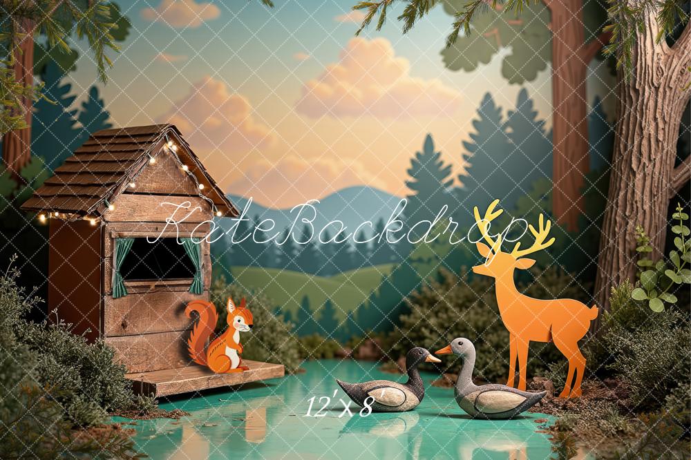 Kate Forêt Lac Maison Animaux Toile de fond conçue par Laura Bybee