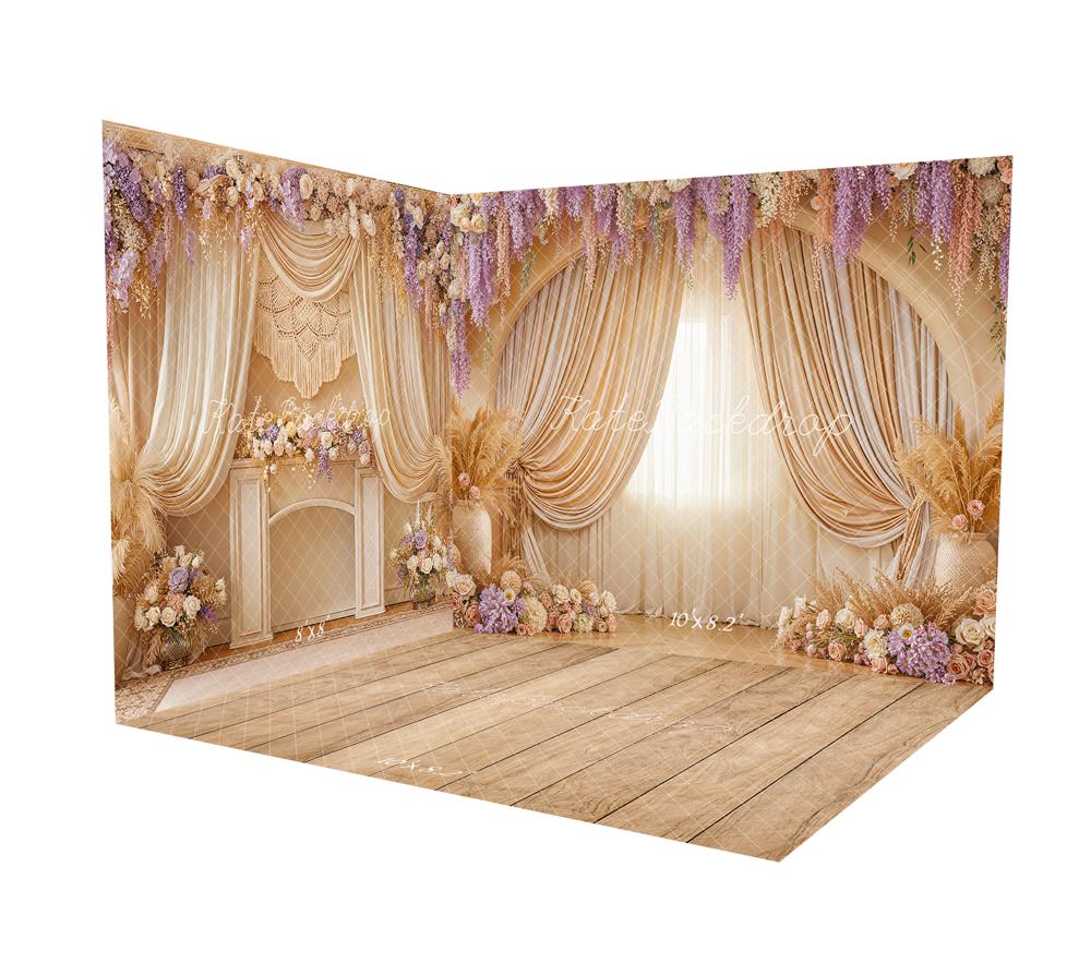 Kate Mariage Fleurs Boho Arche Rideaux Beige Toile de fond Ensemble de chambre
