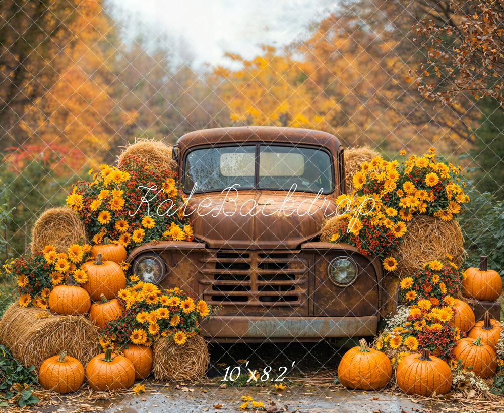 Kate Automne Camion Foin Citrouilles Fleurs Toile de fond conçue par Emetselch - Kate Backdrop FR