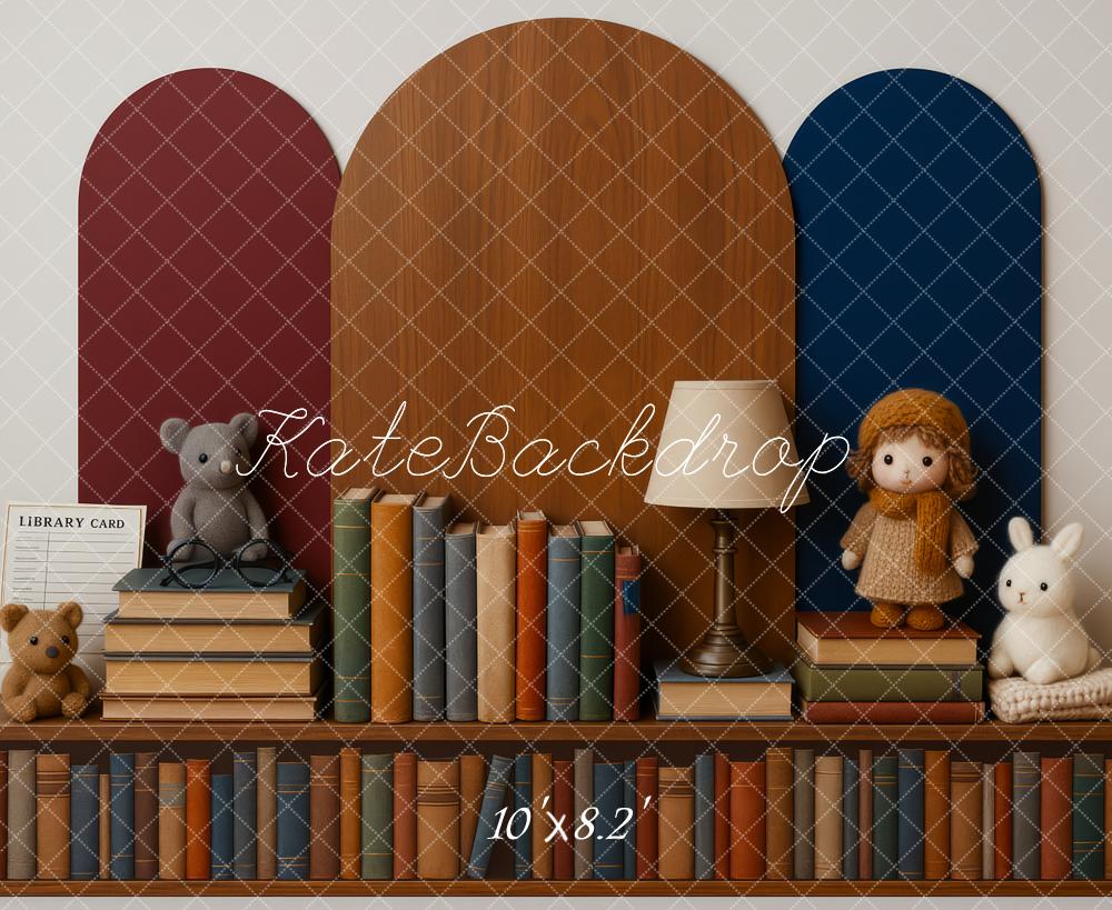 Kate Bibliothèque Jouets Peluches Livres Toile de fond conçue par Patty Roberts - Kate Backdrop FR