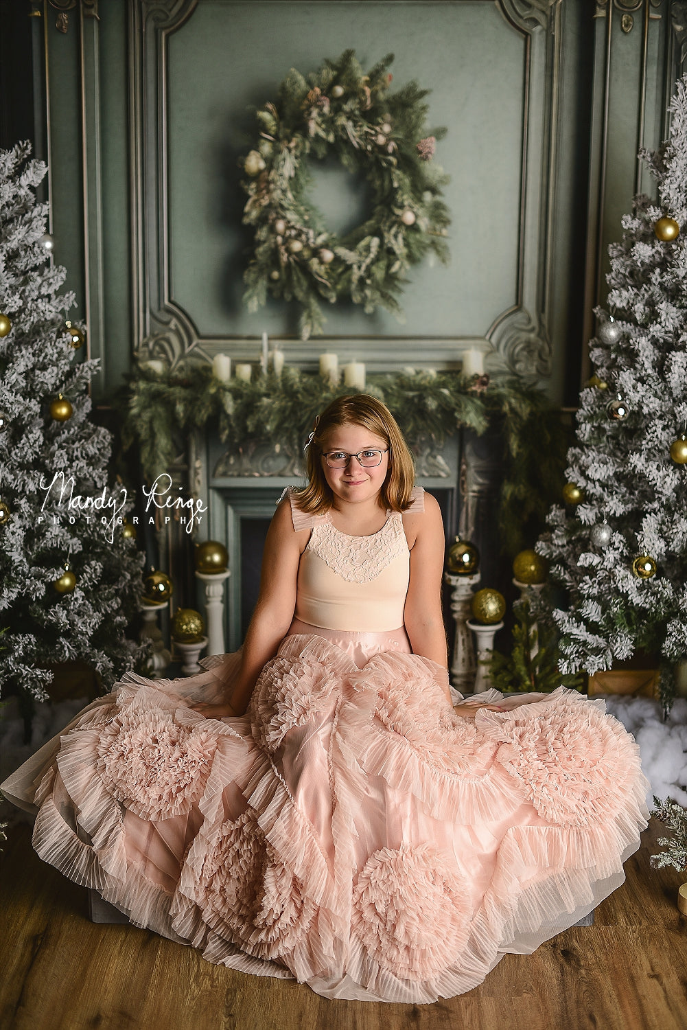 Kate Vintage Noël Cheminée Vert Toile de fond conçue par Mandy Ringe - Kate Backdrop FR
