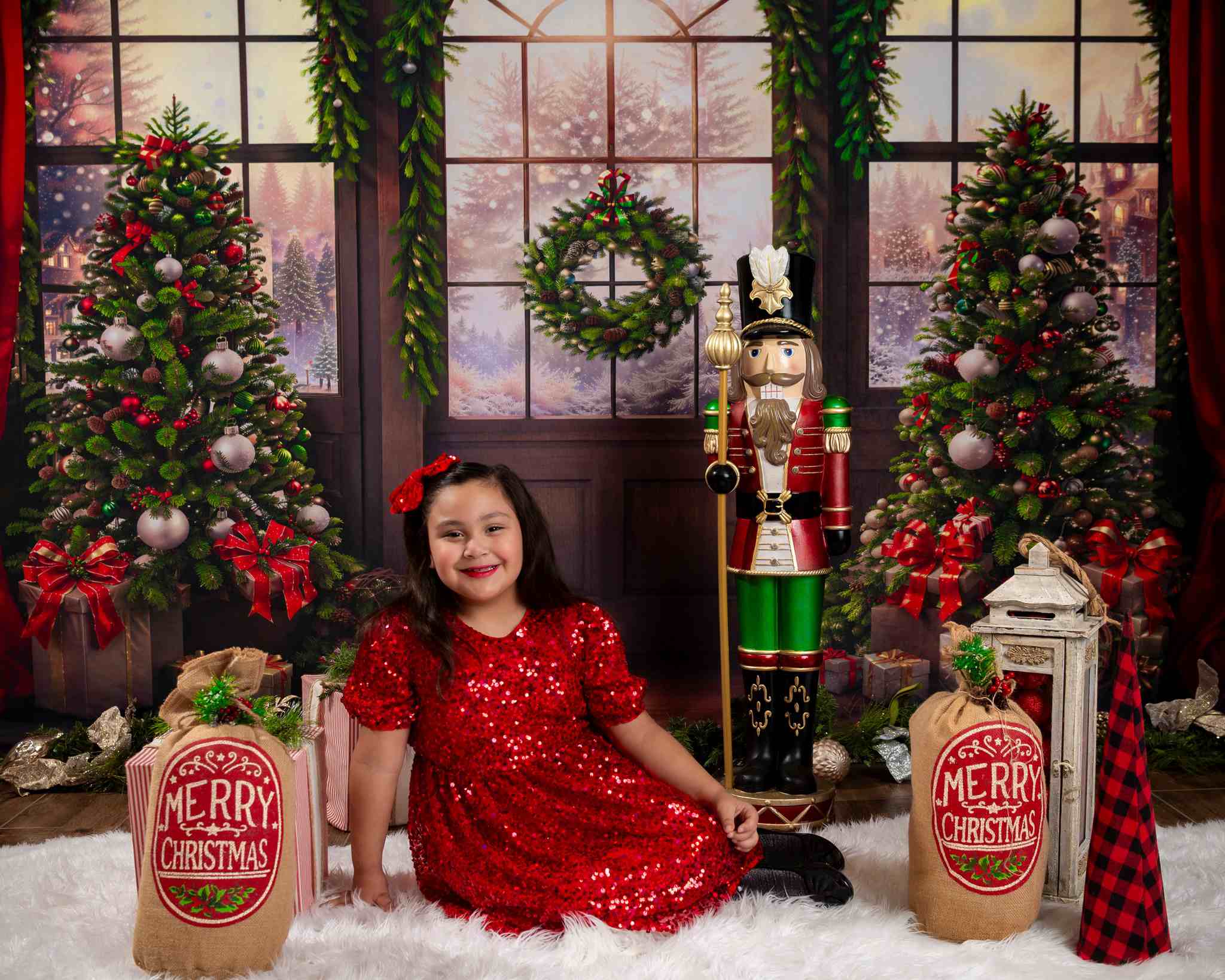 Kate Sapin de Noël Fenêtre Rideau Rouge Toile de fond Conçu par Chain Photographie - Kate Backdrop FR