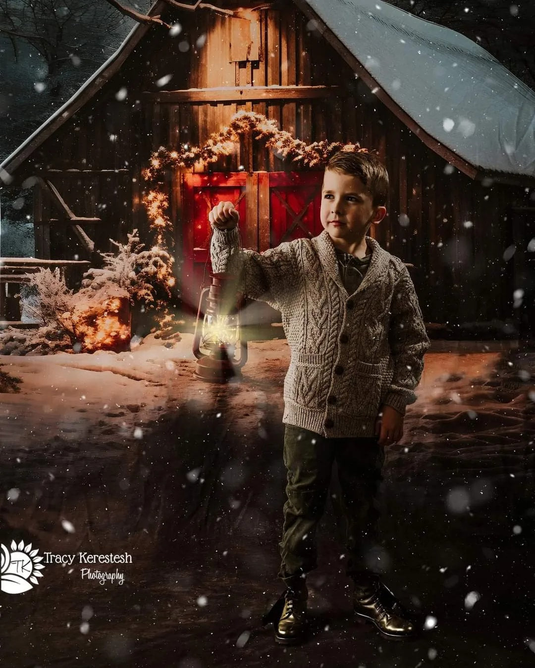 Kate Sweep Mur-à-Sol Noël Chemin vers la Grange Rouge Nuit Toile de fond pour la photographie - Kate Backdrop FR