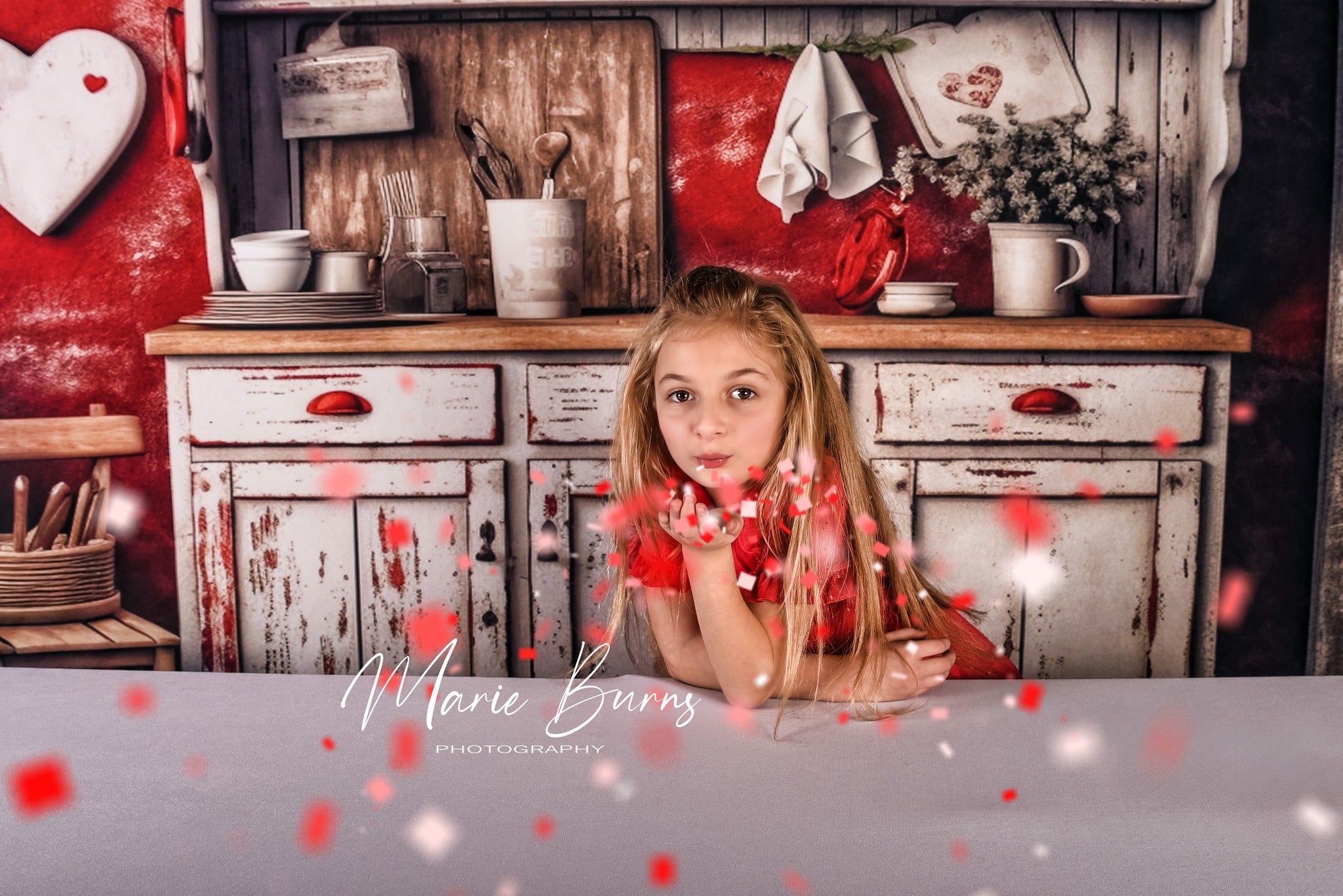 Kate Valentin Rustique Cuisine Rouge Toile de fond conçue par Abbas Studio - Kate Backdrop FR