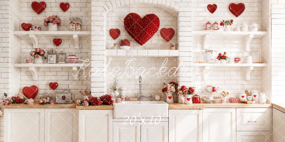 Kate Saint Valentin Cuisine Cœurs Briques Toile de fond conçue par Emetselch - Kate Backdrop FR