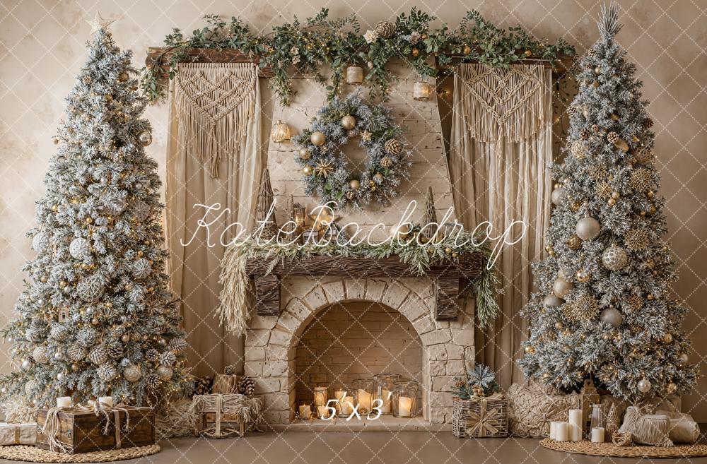 Kate Noël Cheminée Sapins Neige Toile de fond conçue par Emetselch - Kate Backdrop FR