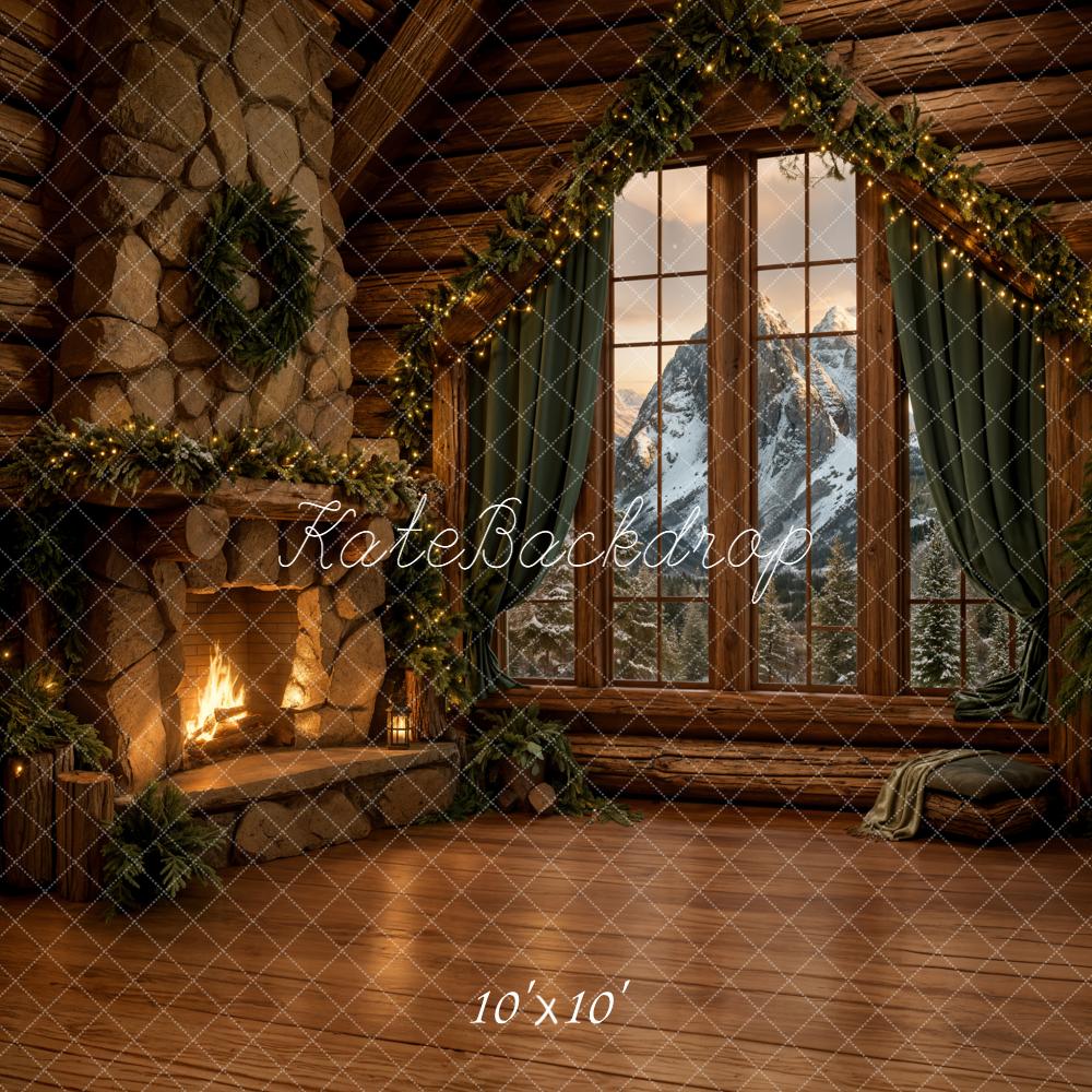 Kate Hiver Chalet Cheminée Sapin Toile de fond conçue par Emetselch