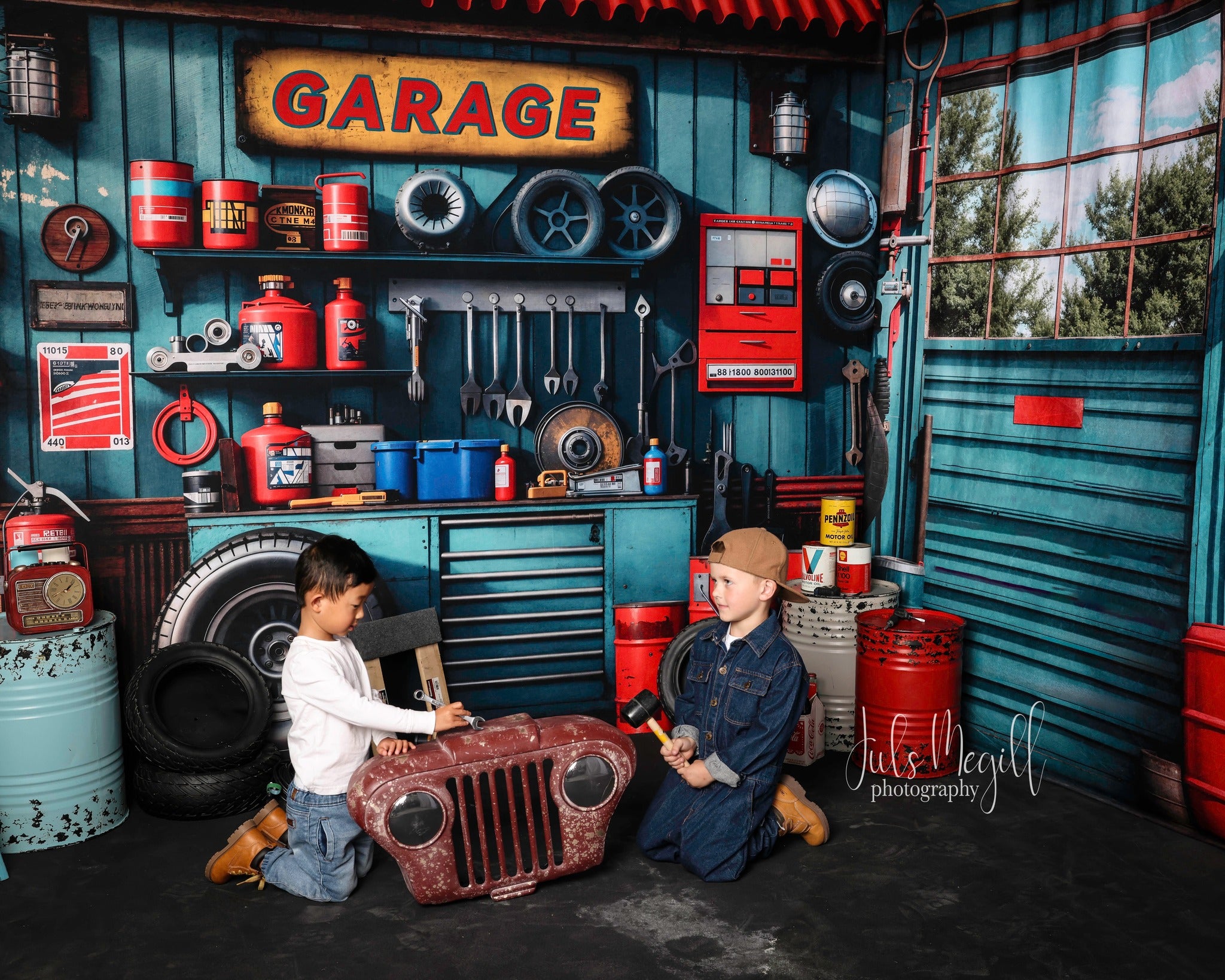 Kate Bleu d'encre Garage Métal Pneu Fenêtre Ensemble de chambre (8pix8pi&10pix8pi&8pix10pi) - Kate Backdrop FR