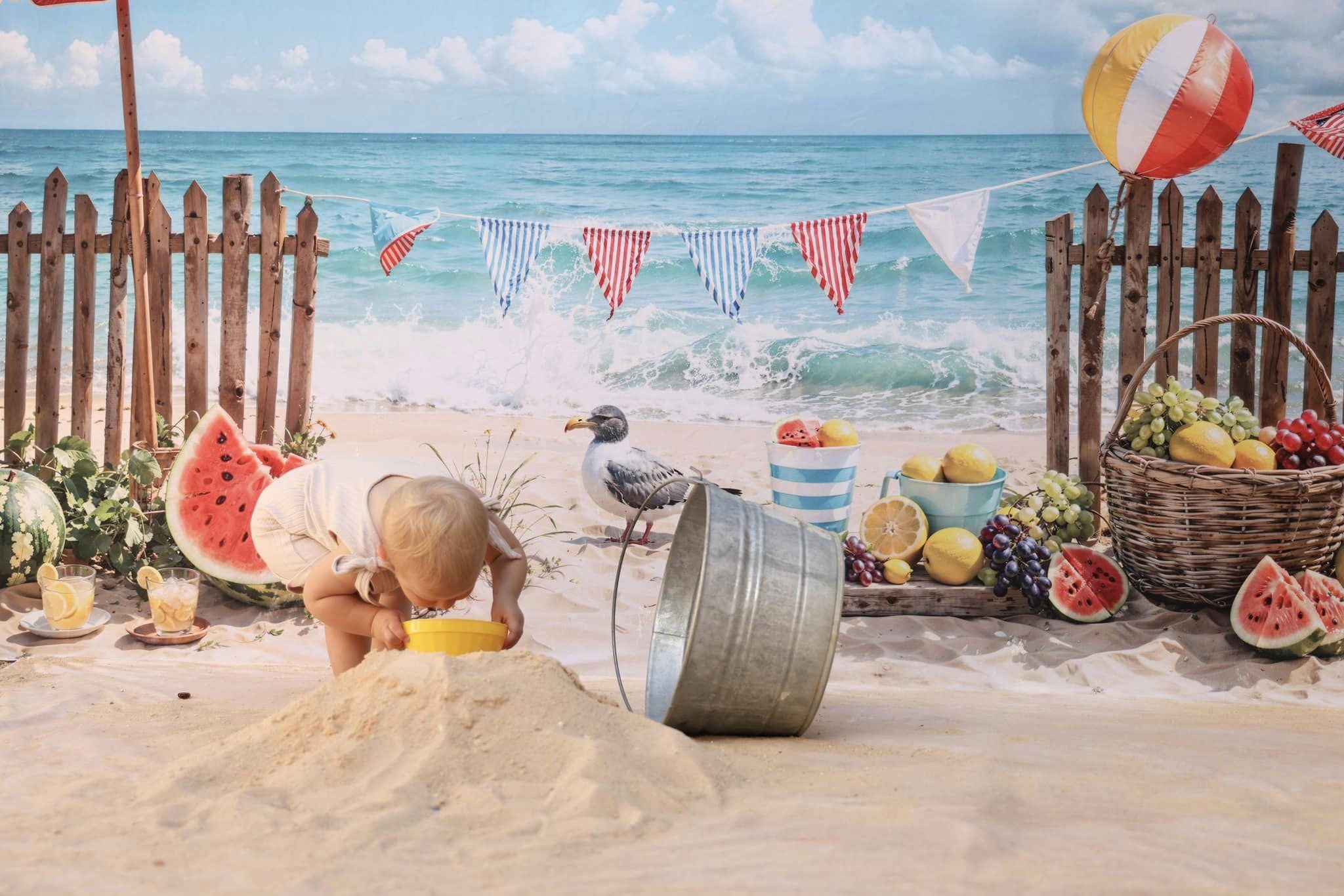 Kate Été Mer Plage Pastèque Oiseau Clôture Toile de fond conçue par Emetselch - Kate Backdrop FR