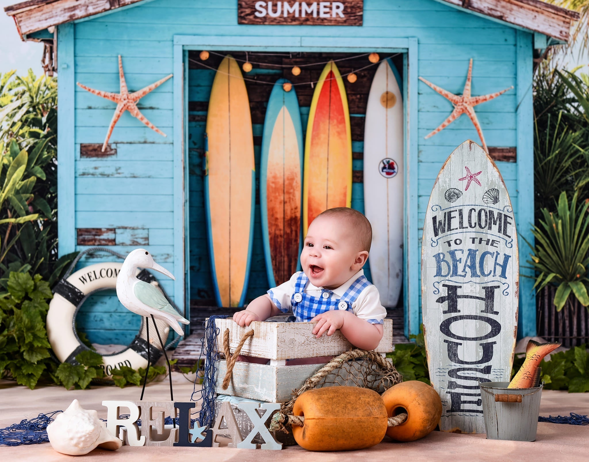 Kate Été Mer Plage Planche de surf Magasin Toile de fond conçue par Chain Photographie - Kate Backdrop FR