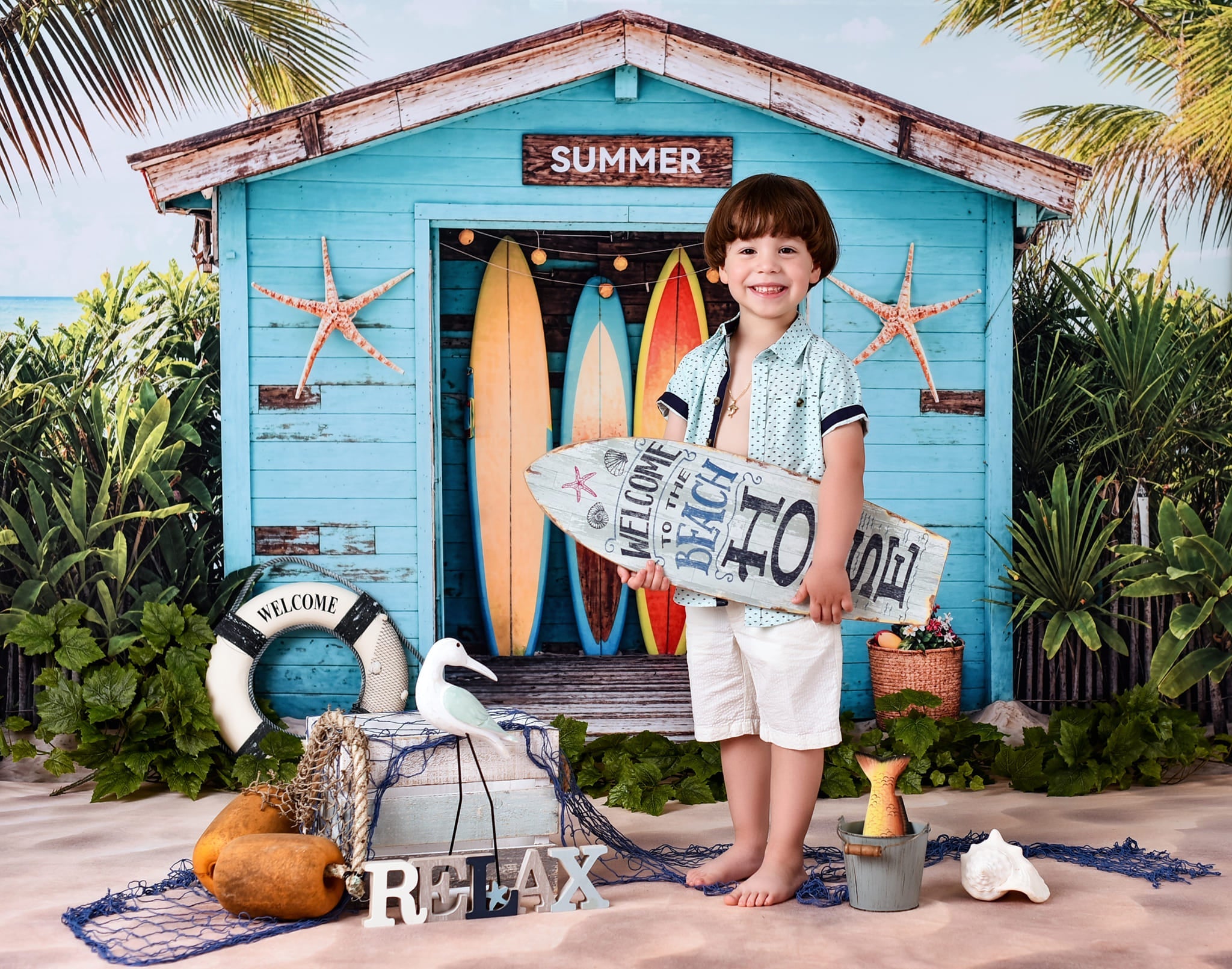 Kate Été Mer Plage Planche de surf Magasin Toile de fond conçue par Chain Photographie - Kate Backdrop FR