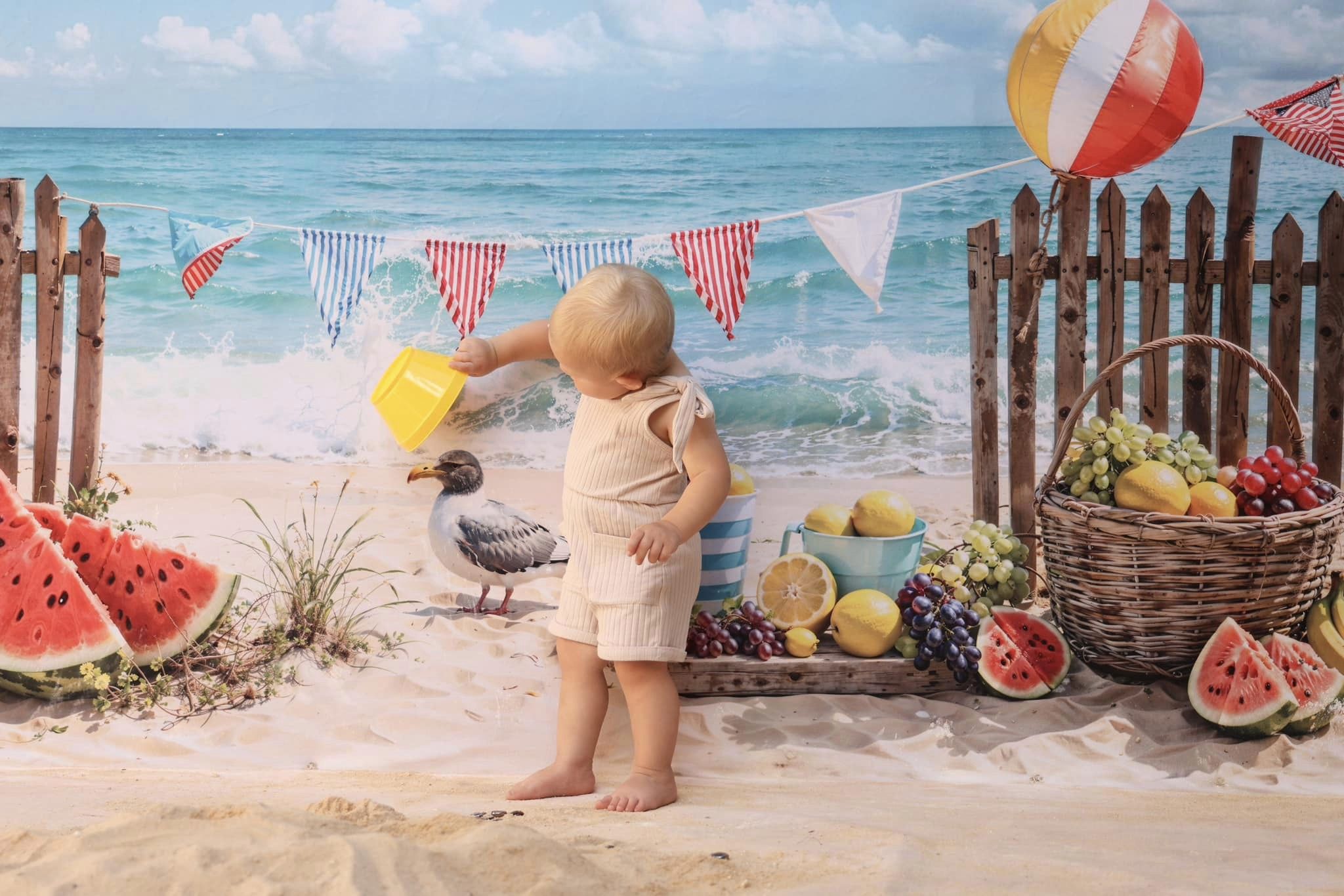 Kate Été Mer Plage Pastèque Oiseau Clôture Toile de fond conçue par Emetselch - Kate Backdrop FR
