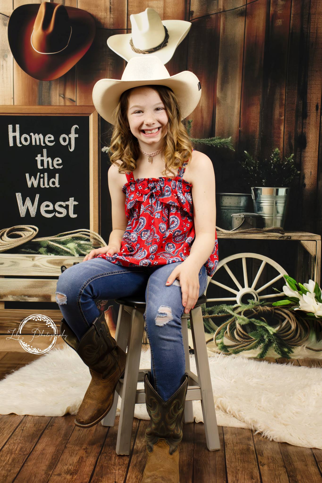 Kate Le Far West Cow-boy Cactus Mur en bois Toile de fond conçue par Patty Robert - Kate Backdrop FR