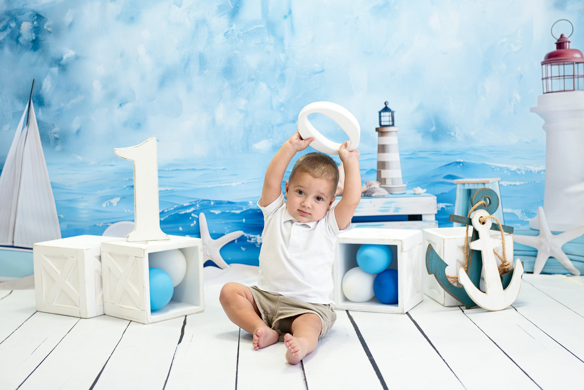 Kate Bord de mer Plage Phare Bateau Bleu Toile de fond conçue par Patty Robert - Kate Backdrop FR