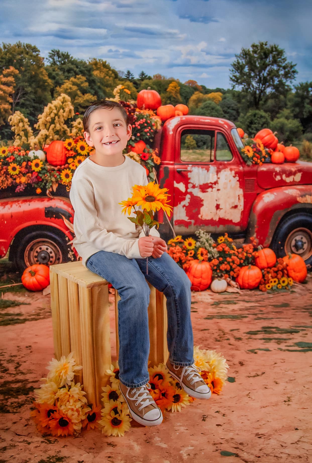 Kate Automne Extérieur Forêt Camion Citrouille Toile de fond conçue par Emetselch - Kate Backdrop FR