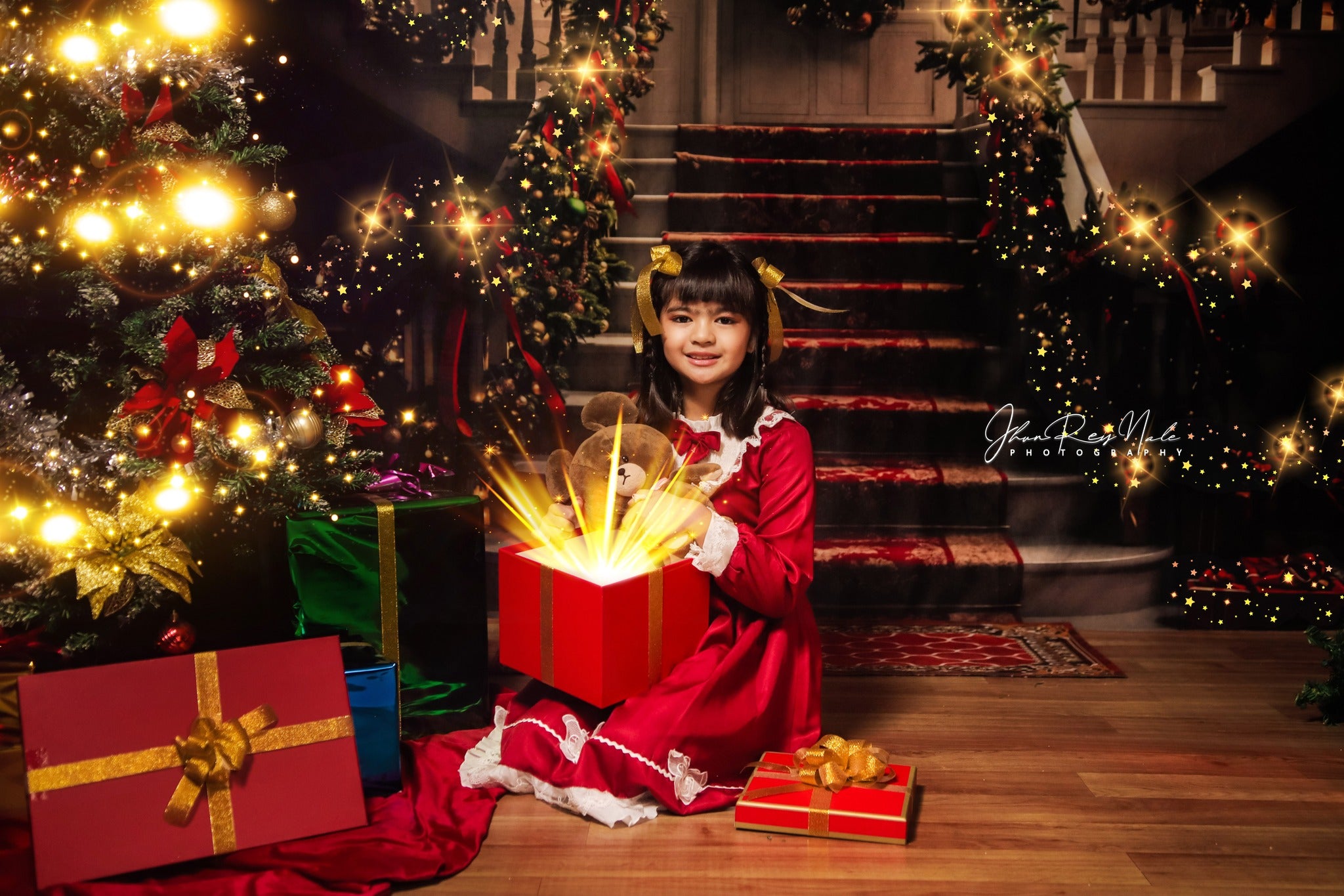 Kate Sapin de Noël Rétro Grand escalier Rouge Toile de fond conçue par Emetselch - Kate Backdrop FR