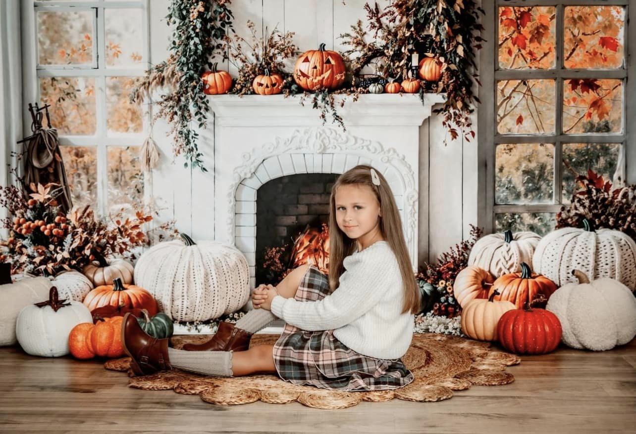 Kate Automne Cheminée Blanc Feuilles d'érable Toile de fond conçue par Emetselch - Kate Backdrop FR