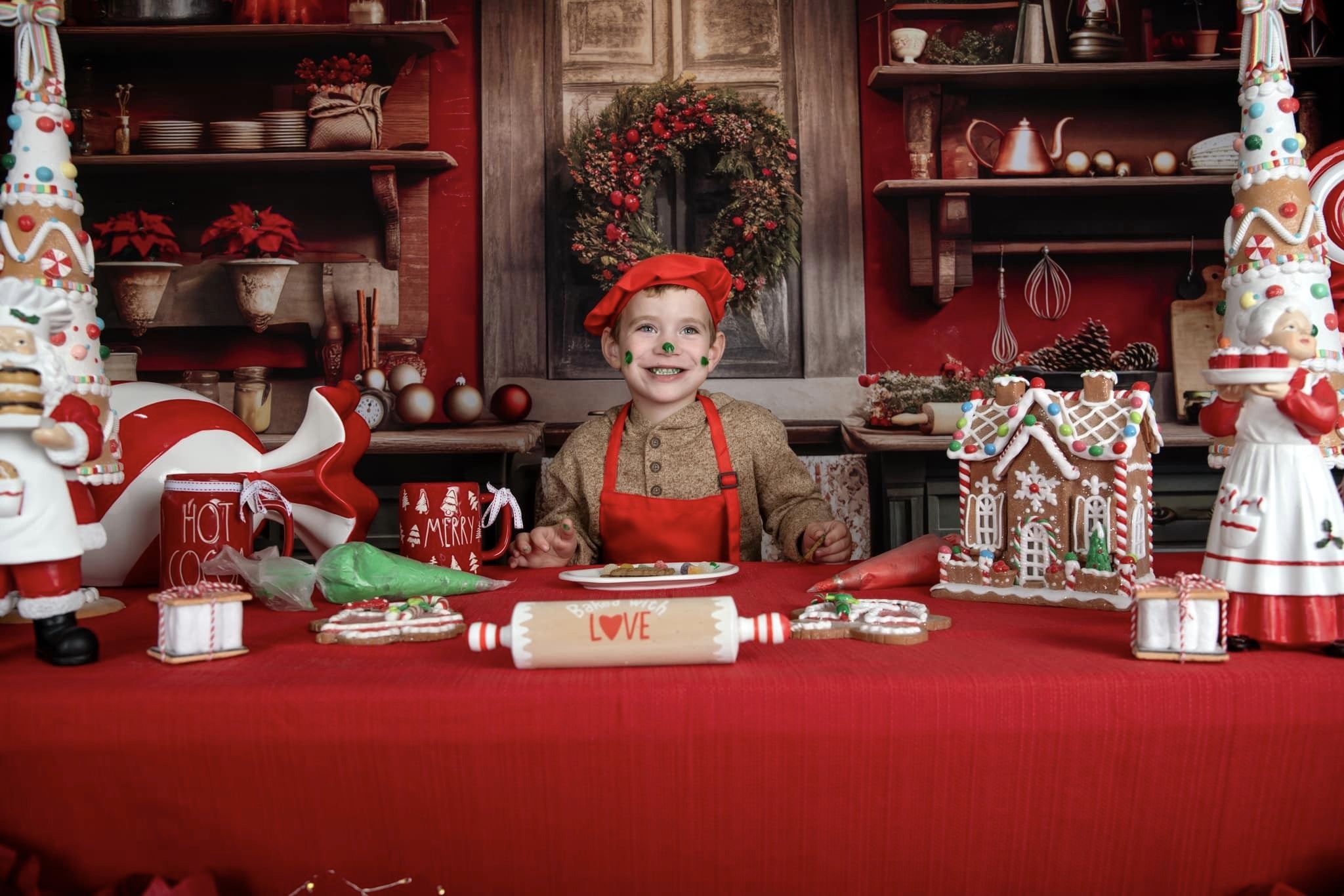 Kate Rouge Vert Noël Cuisine Toile de fond conçue par Mandy Ringe - Kate Backdrop FR