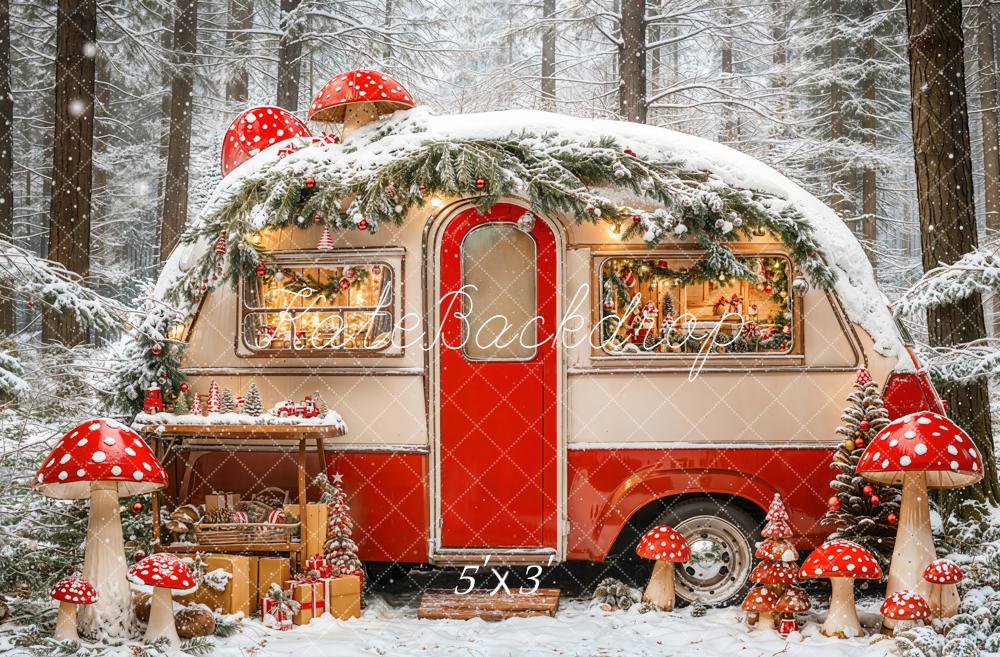 Kate Hiver Forêt Caravane Champignons Toile de fond conçue par Emetselch - Kate Backdrop FR