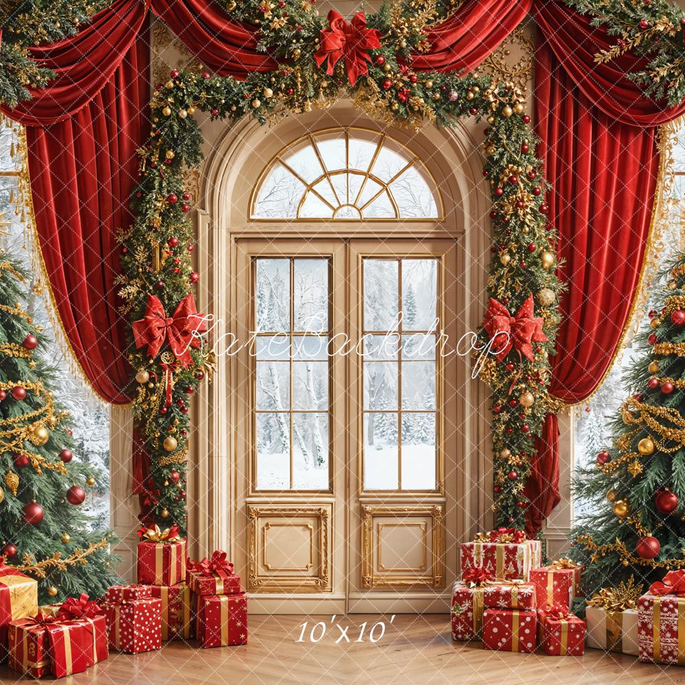 Kate Noël Sapins Fenêtre Cadeaux Rouge Toile de fond conçue par Emetselch - Kate Backdrop FR