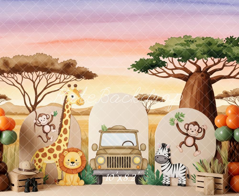 Kate Safari Animaux Arbres Ballons Toile de fond conçue par Patty Roberts - Kate Backdrop FR